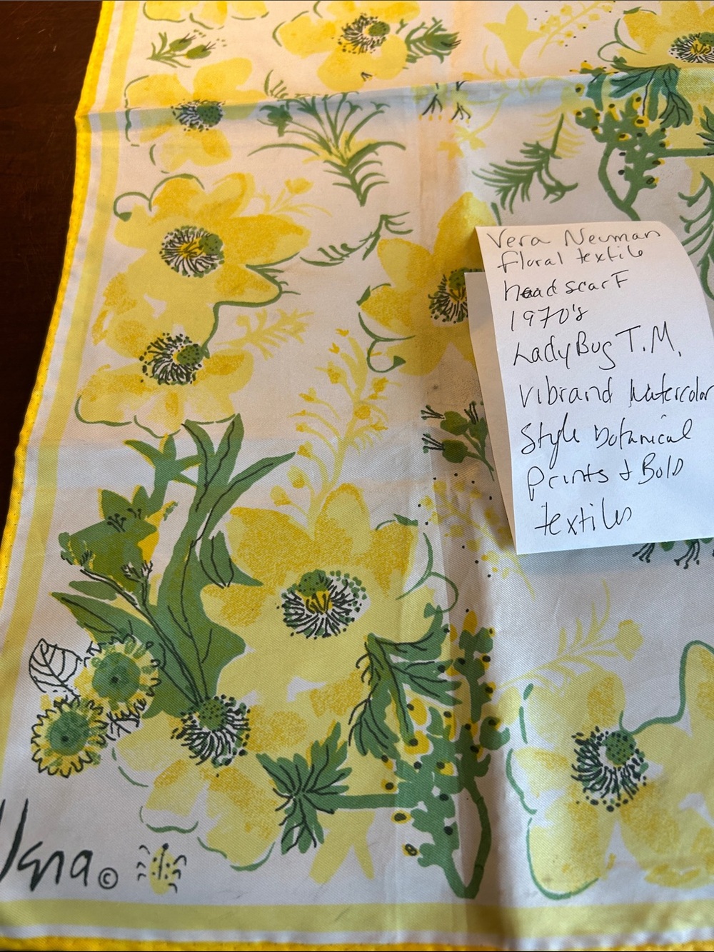 Vera Newman vintage silk scarf yellow white & green flowers vibrant botanical